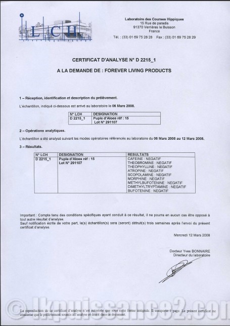 Certificat d'analyse pulpe d'Aloe Vera Gel